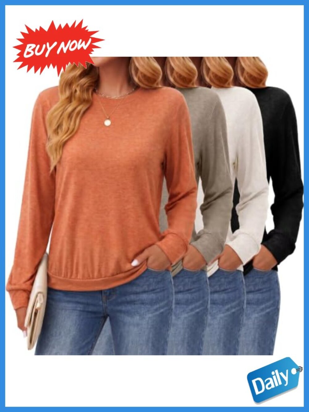 Women's Crew Neck Long Sleeve Tunic Shirt 4 Pack Soft Stretch Basic Top